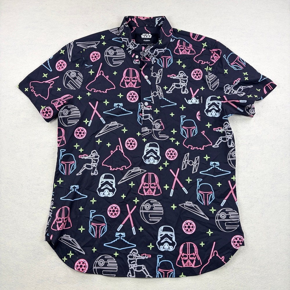 Chubbies Star Wars Neon Print Short Sleeve Shirt Mens Medium Navy Darth Vader